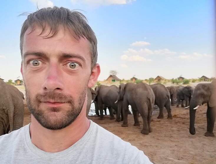 Selfie with a herd of elephants at Elephant Sands, Botswana
