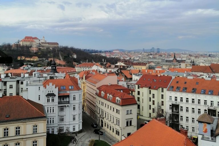 Overlooking the rooftops of Brno with Castle Spilberk on a hill to the left.